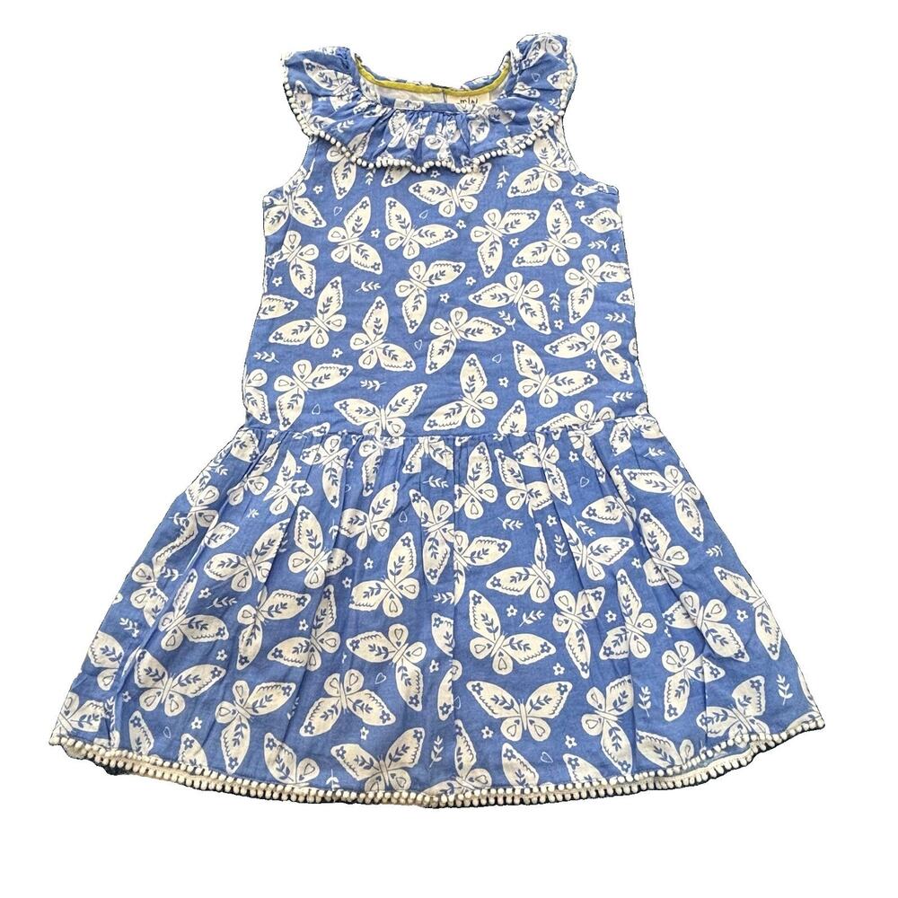 Mini Boden Butterfly Blue White Cotton Sleeveless Drop Waist Lined Dress 6-7 Yrs
